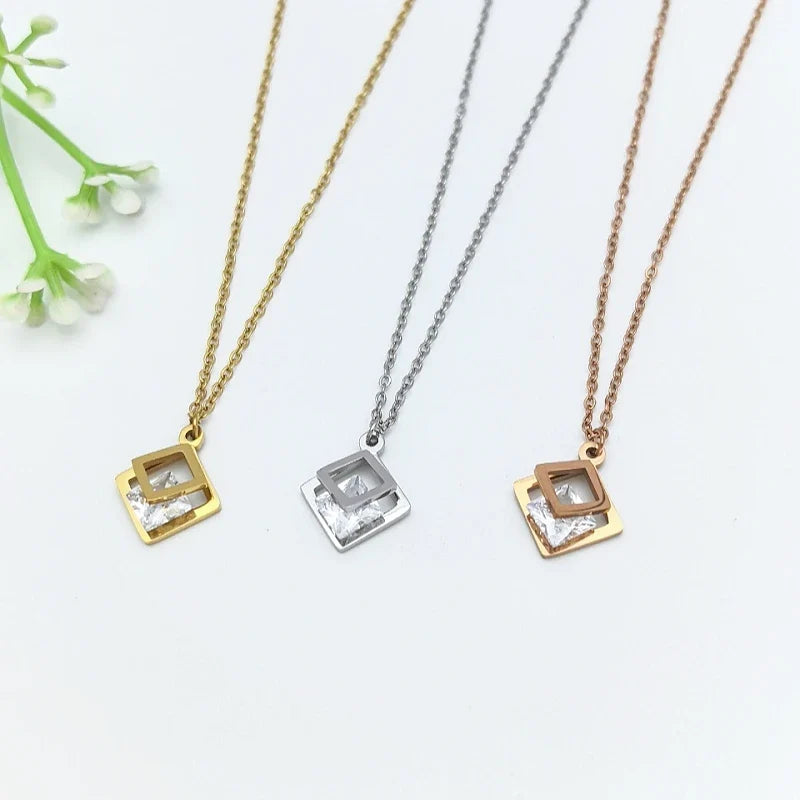 Double Layer Zircon Square Pendant Necklace | Stainless Steel