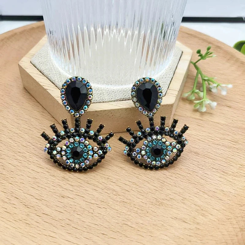 Women's Geometric Drop Earrings – Full Diamond & Colored Glass