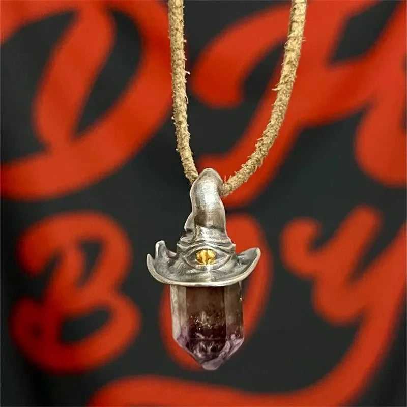 Natural Amethyst Hexagonal Crystal Witch Hat Pendant Necklace