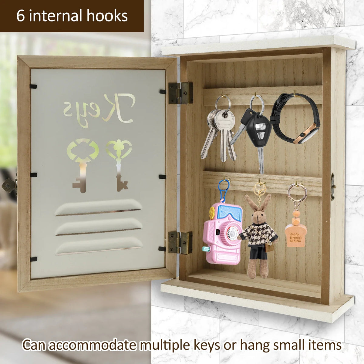 Wall Key Holder Cabinet – Wooden Key Box with 6 Hooks