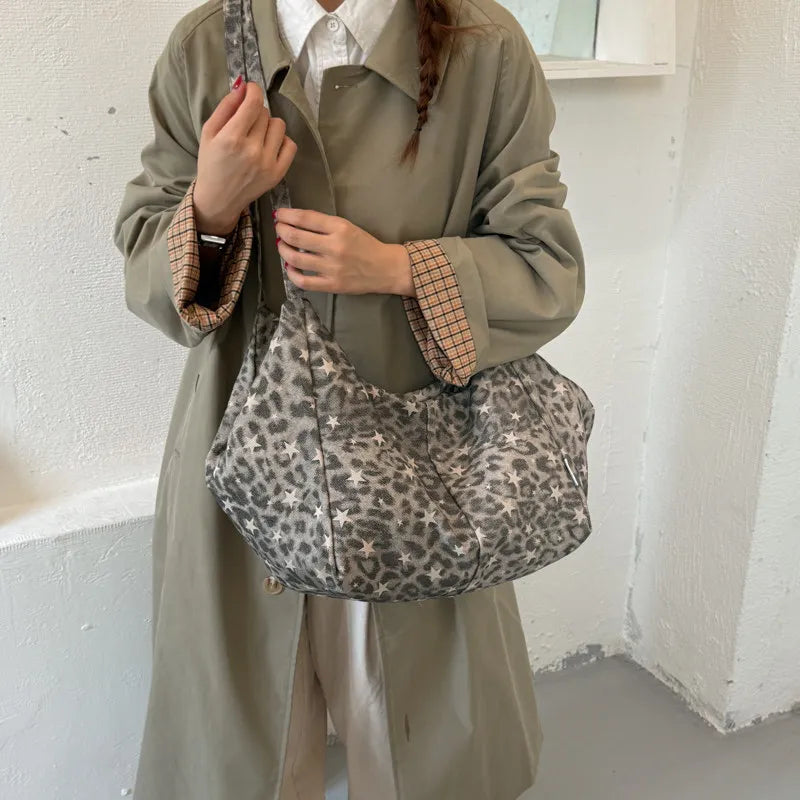 Leopard Print Canvas Tote Bag – Oversized Korean Women's Bag
