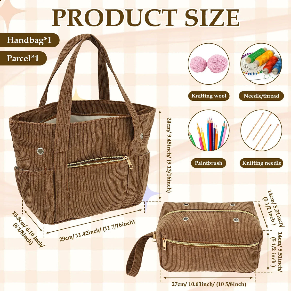 Corduroy Crochet Bag Set – Large Yarn Tote with Needle Holder