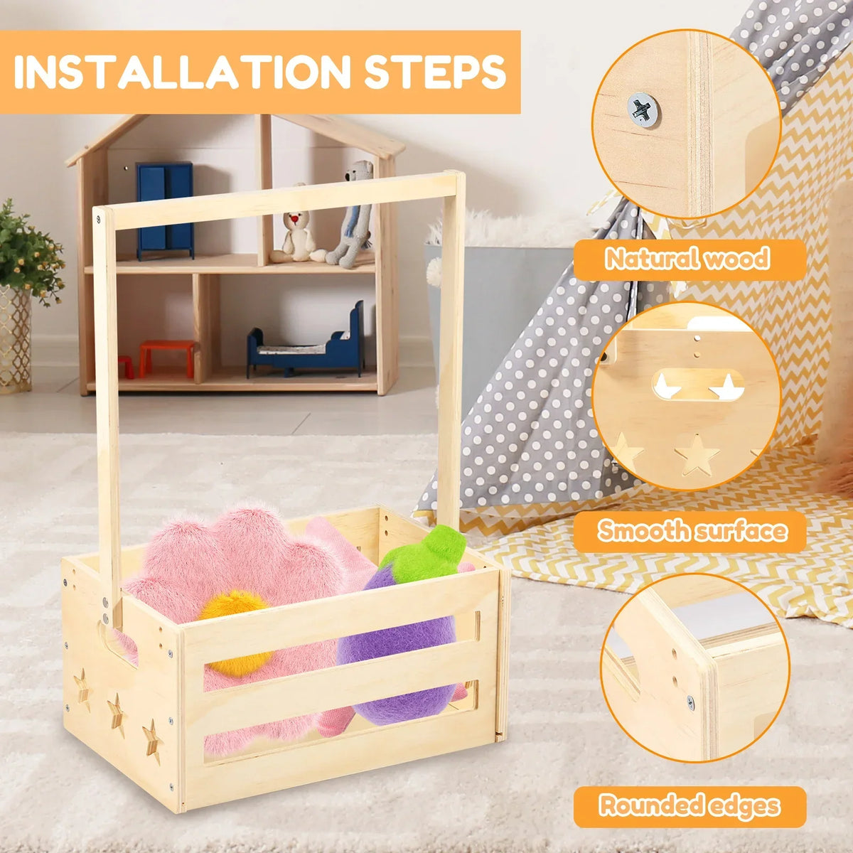 Wood Baby Shower Storage Basket Crate with Organizer & Hangers