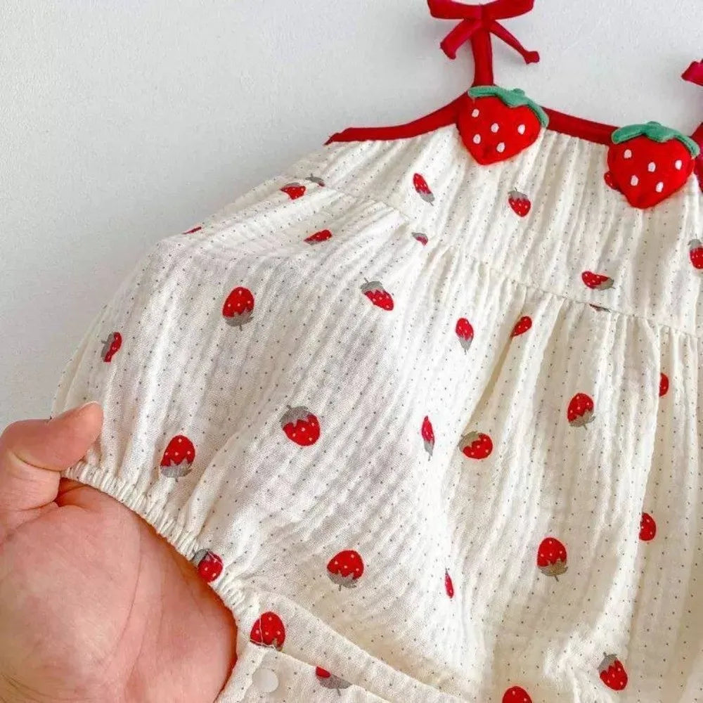 Strawberry Print Baby Girl Sling Romper | Cotton Jumpsuit