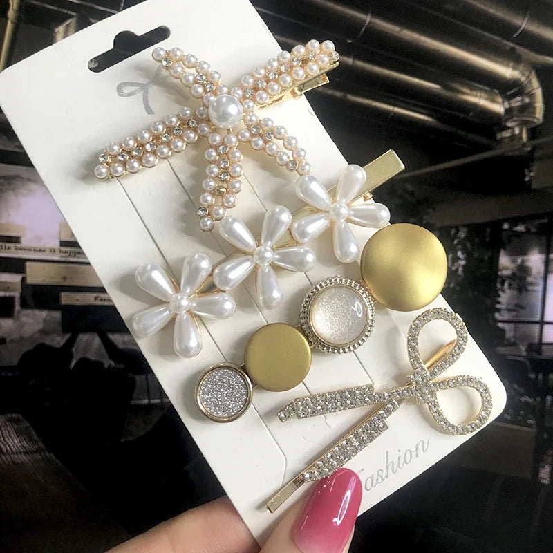 Pearl Crystal Hair Clips Set – Korean Geometric Barrettes