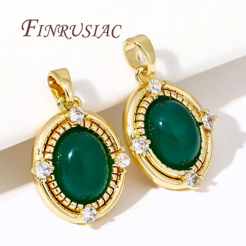 18K Gold Plated Oval Pendant Green Zircon Brass DIY Charm