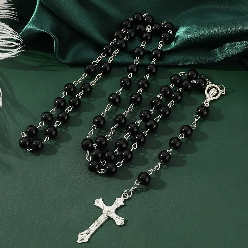 Vintage Pearl Rosary Bead Necklace with Cross Pendant | Handmade