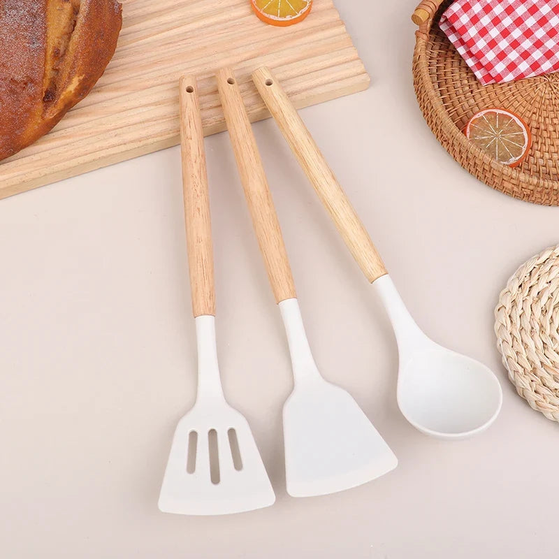 Wooden Handle Silicone Spatula Set – Frying Spatula & Ladle