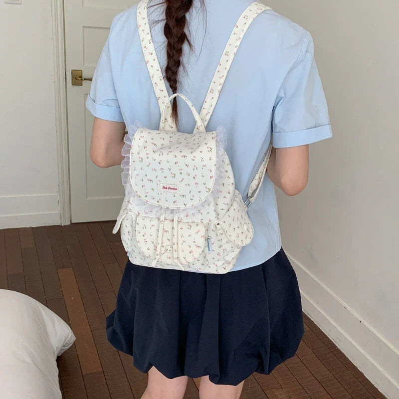 Korean Floral Canvas Backpack – Large Capacity Women's Bag