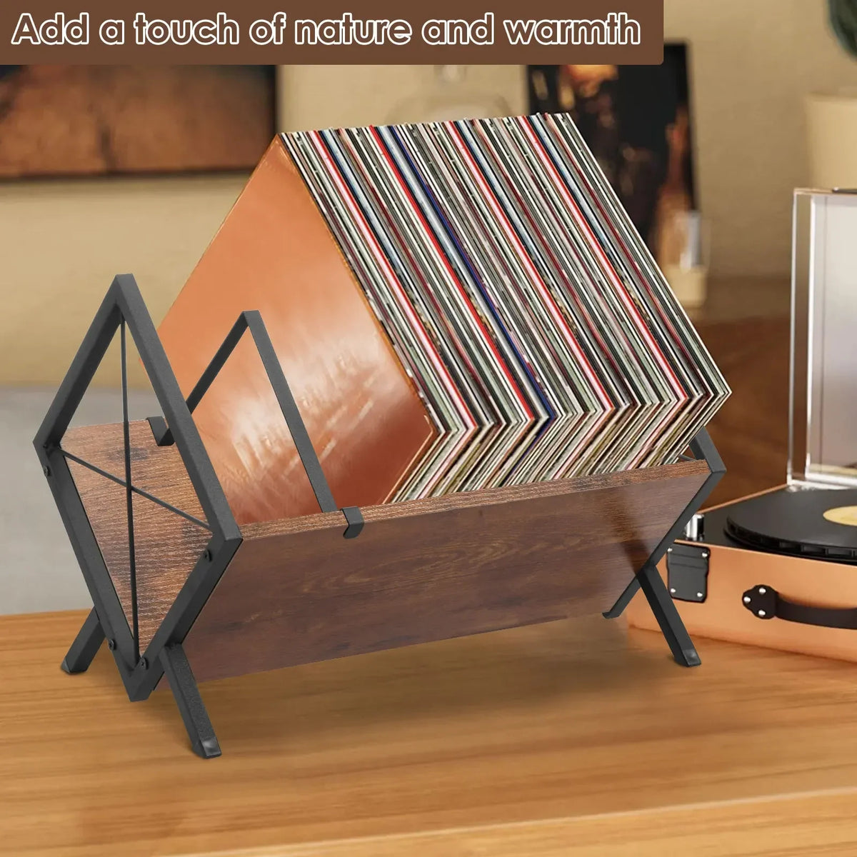Vinyl Record Storage Rack – Wood & Metal Stand with Divider