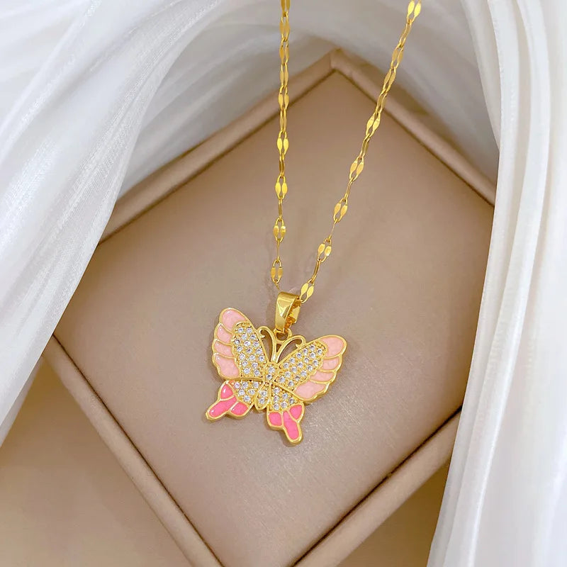 Zircon Butterfly Pendant Necklace | Gold Stainless Steel