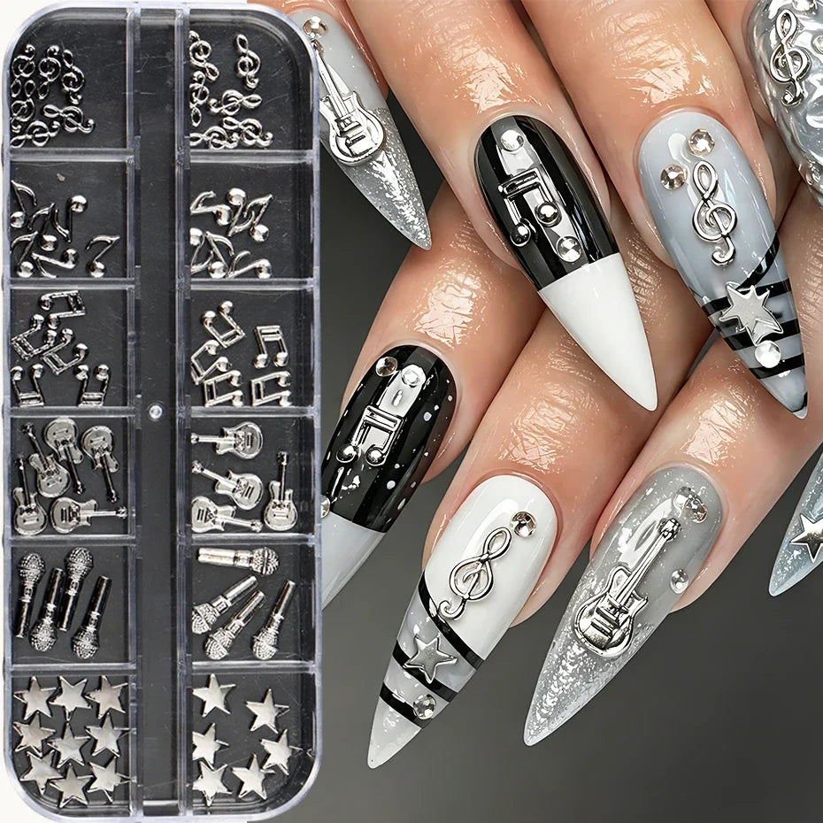 Music Punk Nail Art Charms Set – Guitar, Notes & Mic | 12 Grids