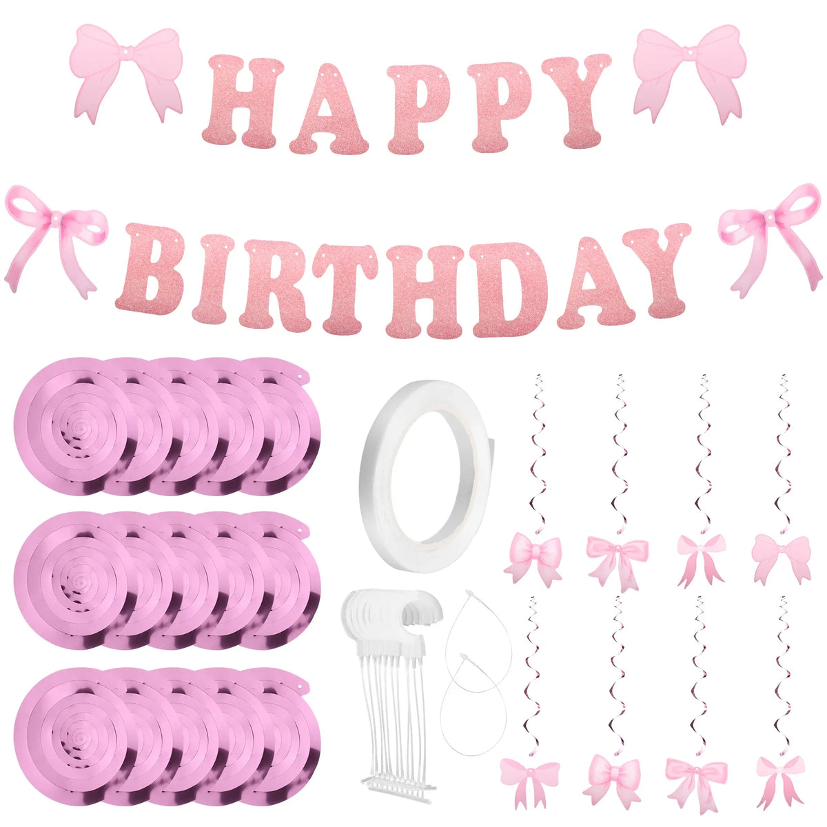 Pink Bow Happy Birthday Banner & Swirl Party Decoration Set