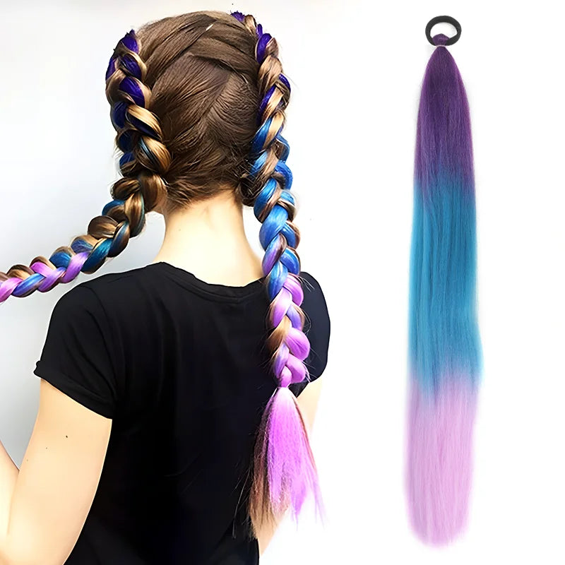 26" Synthetic Ponytail Extension Ombre Pink Purple Blue | Kanekalon