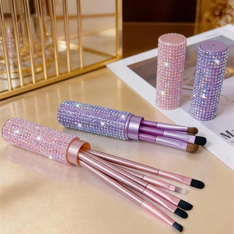 5-Piece Eye Makeup Brush Set with Rhinestone Storage Case