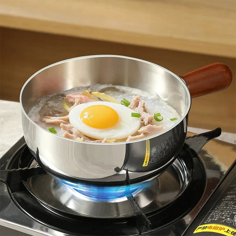 Stainless Steel Milk Pot with Wooden Handle – Compact Cooking Pot