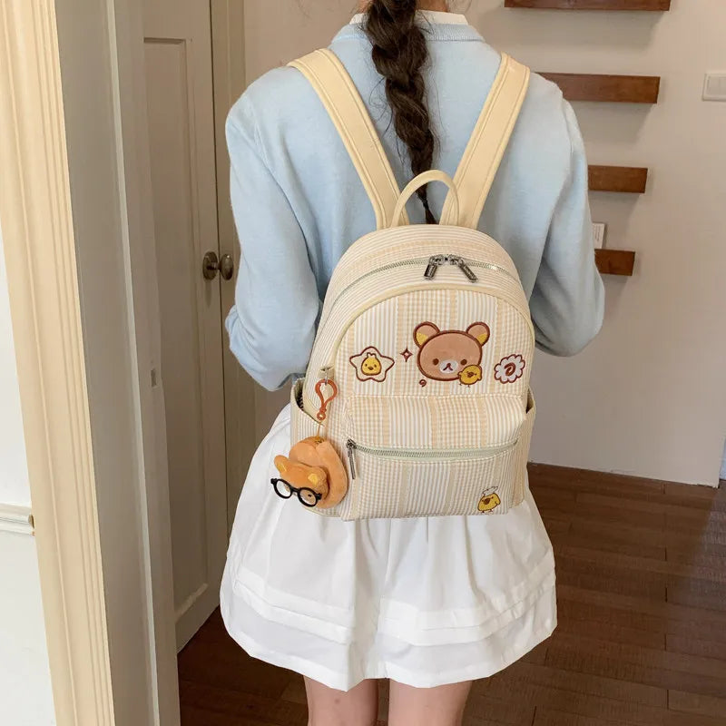 Cartoon Plaid Canvas Backpack for Women – Large Capacity