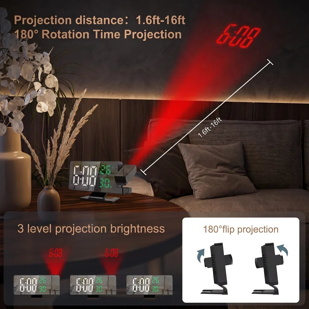 180° Projection Digital Alarm Clock – LED Display & Mirror