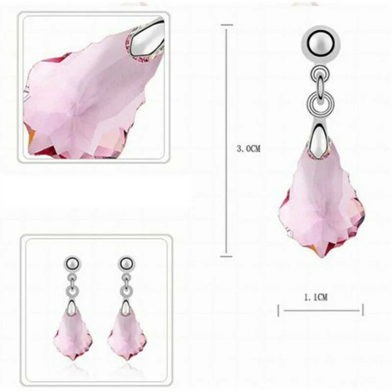 Women's Silver Pink Crystal Drop Necklace & Earrings Set