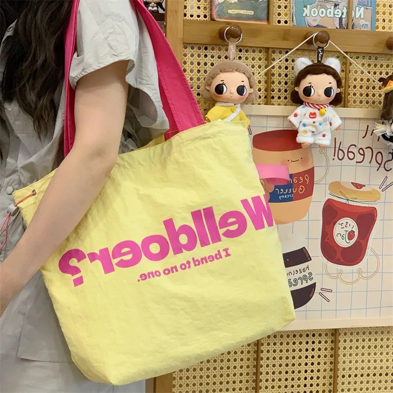 Korean Color-Block Canvas Tote Bag – Large Drawstring Shoulder Bag