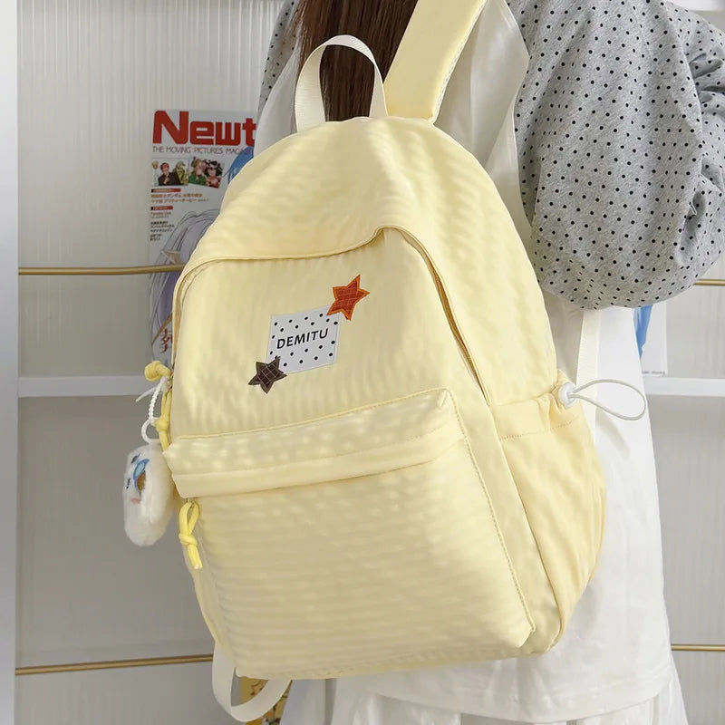Milky Pink Star Patch Girls Backpack – Soft Flannel School Bag