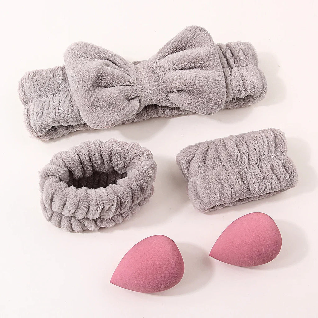 5-Pc Coral Fleece Bow Headband & Wristband Spa Set