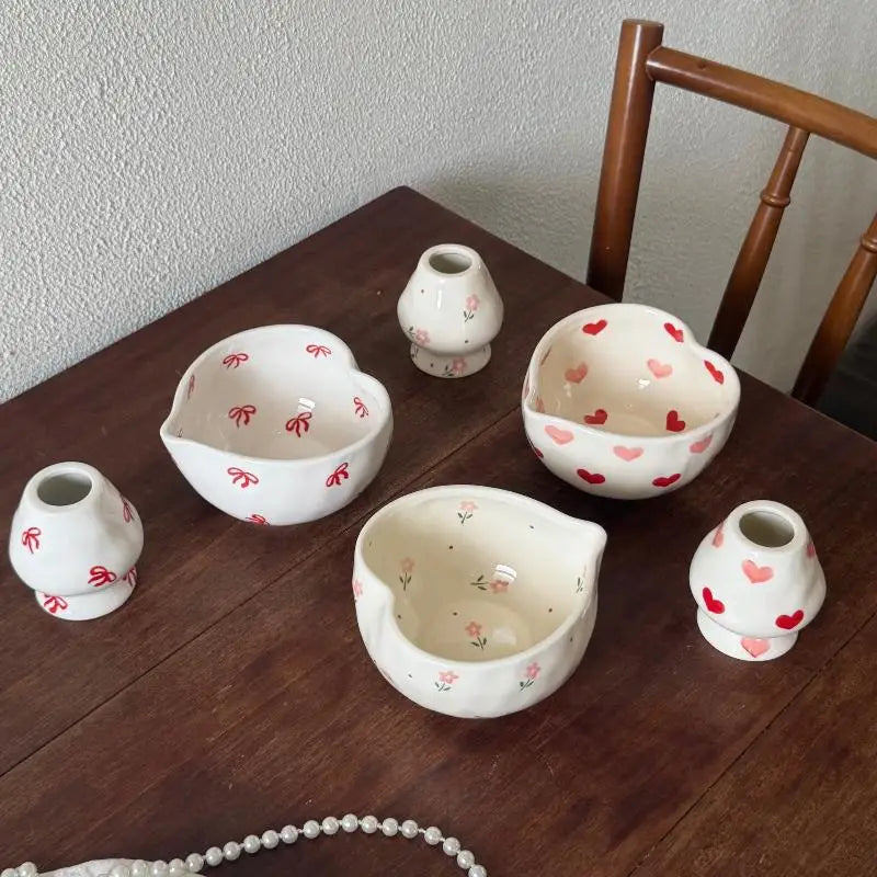 Heart Print Ceramic Matcha Bowl & Whisk Holder Set – 2Pcs