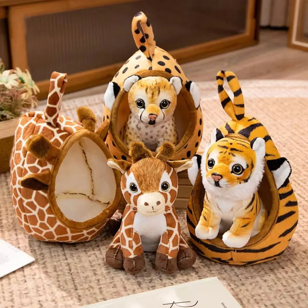 Soft Animal Plush Toy with Nest – Lion Tiger Leopard Doll Gift