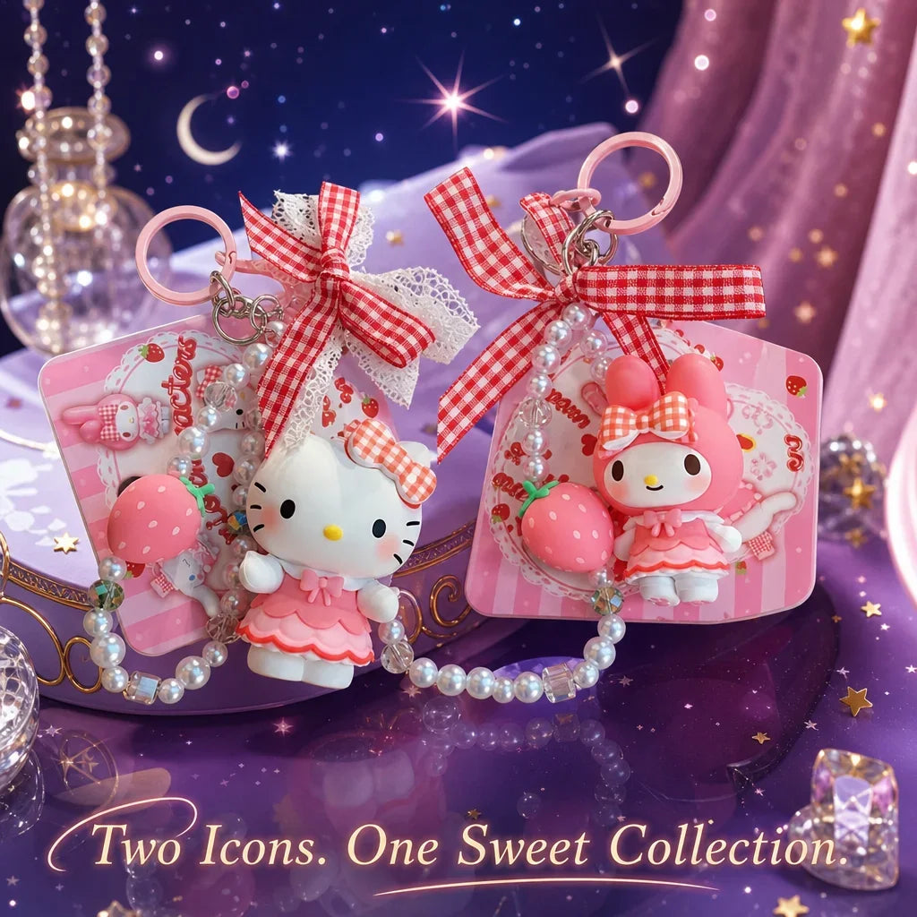 Sanrio Plaid Strawberry Keychain – Hello Kitty Kuromi Plush Charm