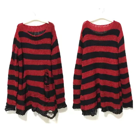 Women's Punk Gothic Oversized Striped Hollow Knit Pullover Sweater