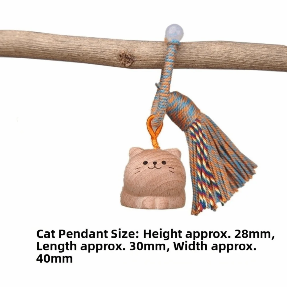 Hand Carved Wooden Cat Keychain with Tassel | Lucky Cat