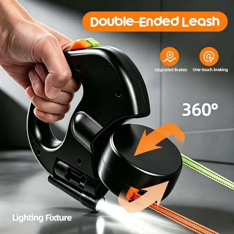 360° Double Dog Leash Retractable with Flashlight & Bag