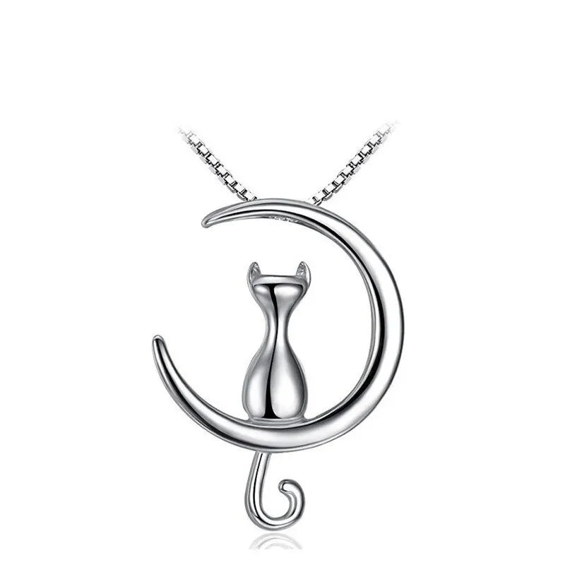 Women's Moon Cat Pendant Necklace | Celestial Gift Jewelry