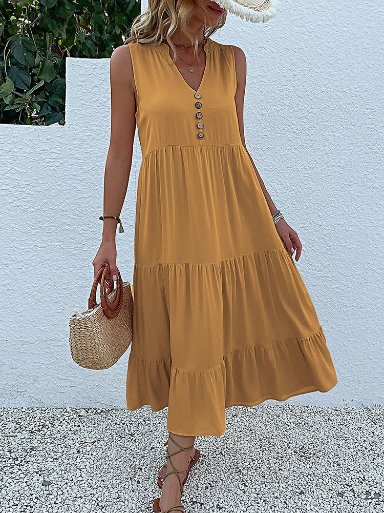 Women's Sleeveless V-Neck Ruffle Midi Sundress | SAILASIDIYA