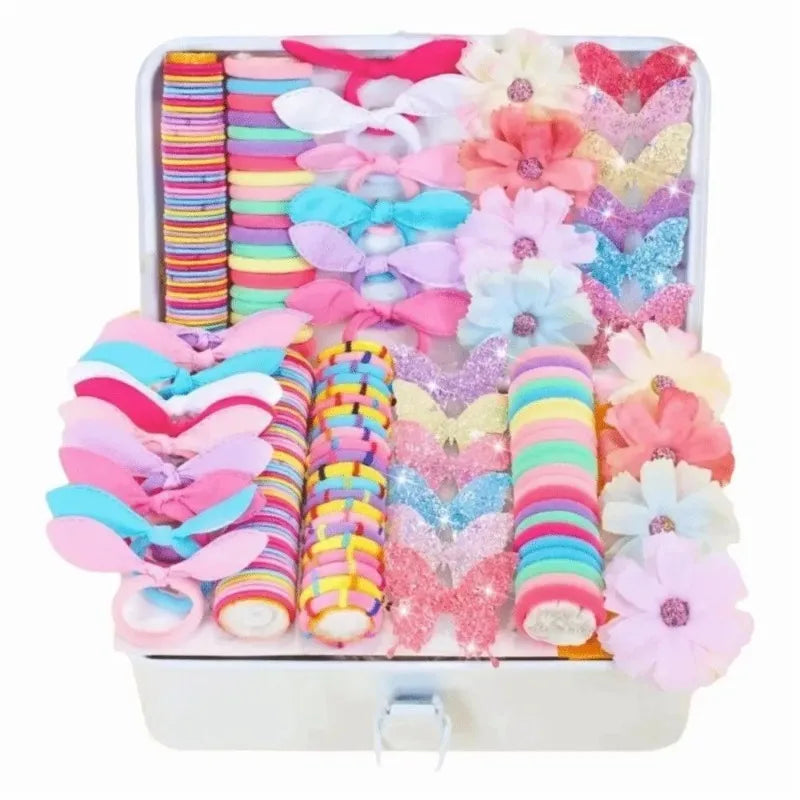 190 Pcs Girls Hair Accessories Set – Colorful Elastic Ties & Clips