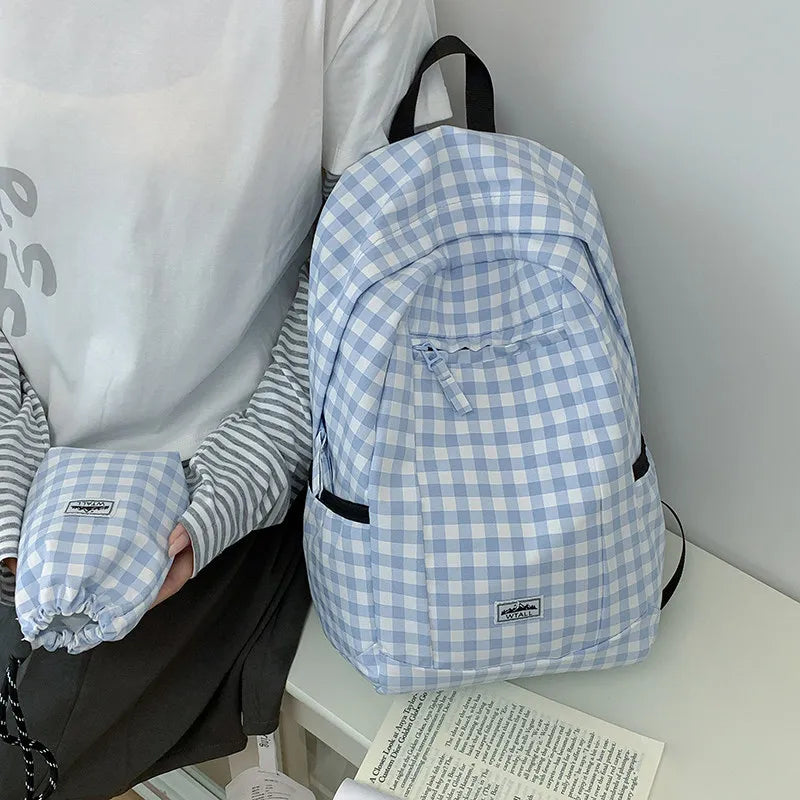 Korean Plaid Canvas Backpack – Large Capacity College Bag