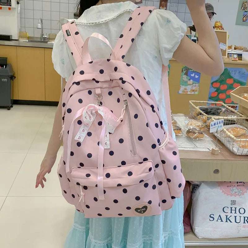 Korean Polka Dot Backpack for Girls – Lightweight School Bag