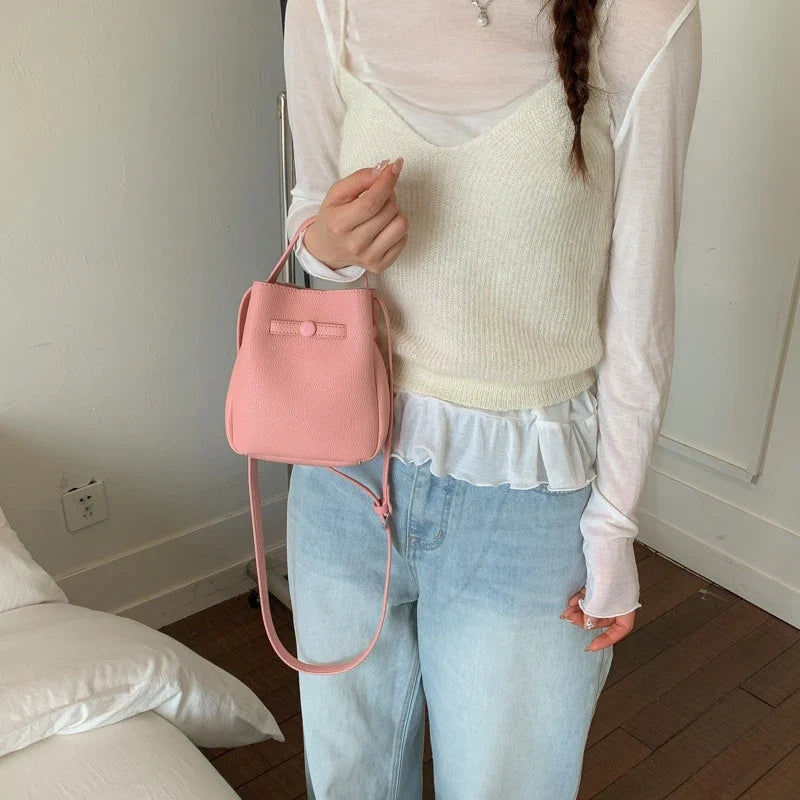 Korean Lychee Bucket Bag – Soft Leather Shoulder & Crossbody Bag