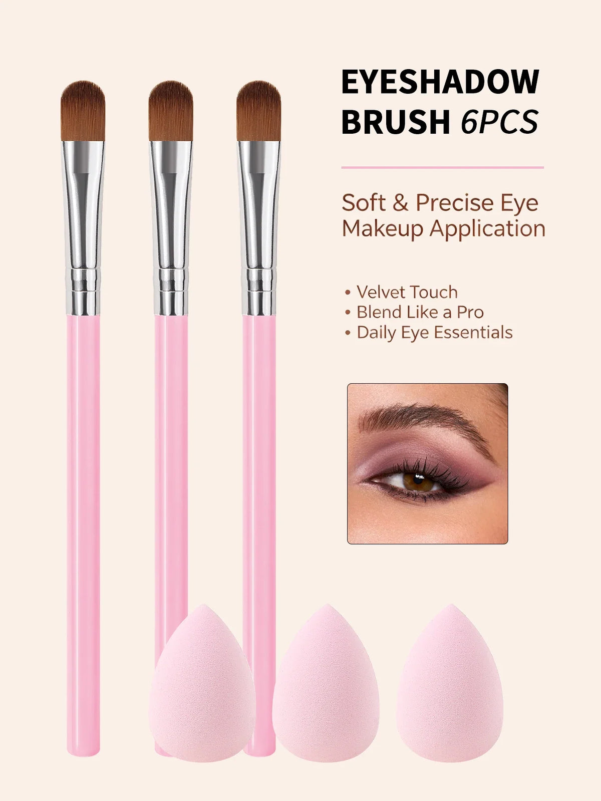 6-Piece Pink Handle Eyeshadow Brush Set with Beauty Sponge