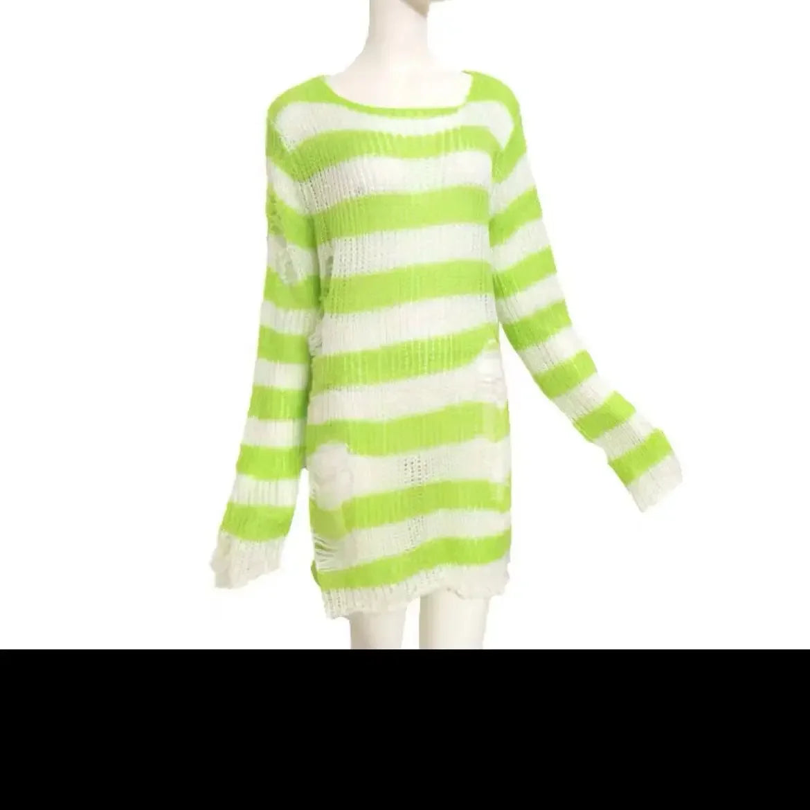 Women's Punk Gothic Oversized Striped Hollow Knit Pullover Sweater