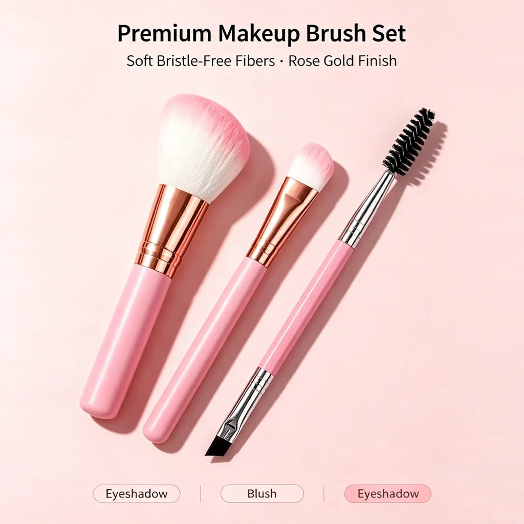 3-Piece Pink Travel Makeup Brush Set – Blush & Eye Brushes