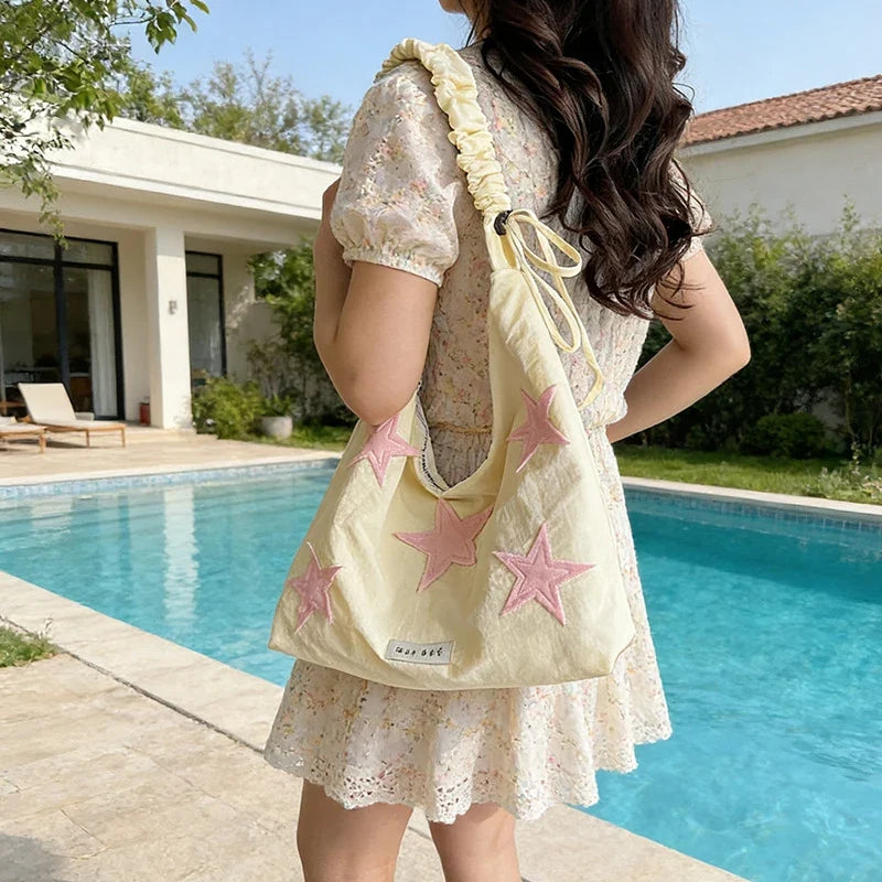 Korean Star Embroidered Canvas Tote Shoulder & Crossbody Bag