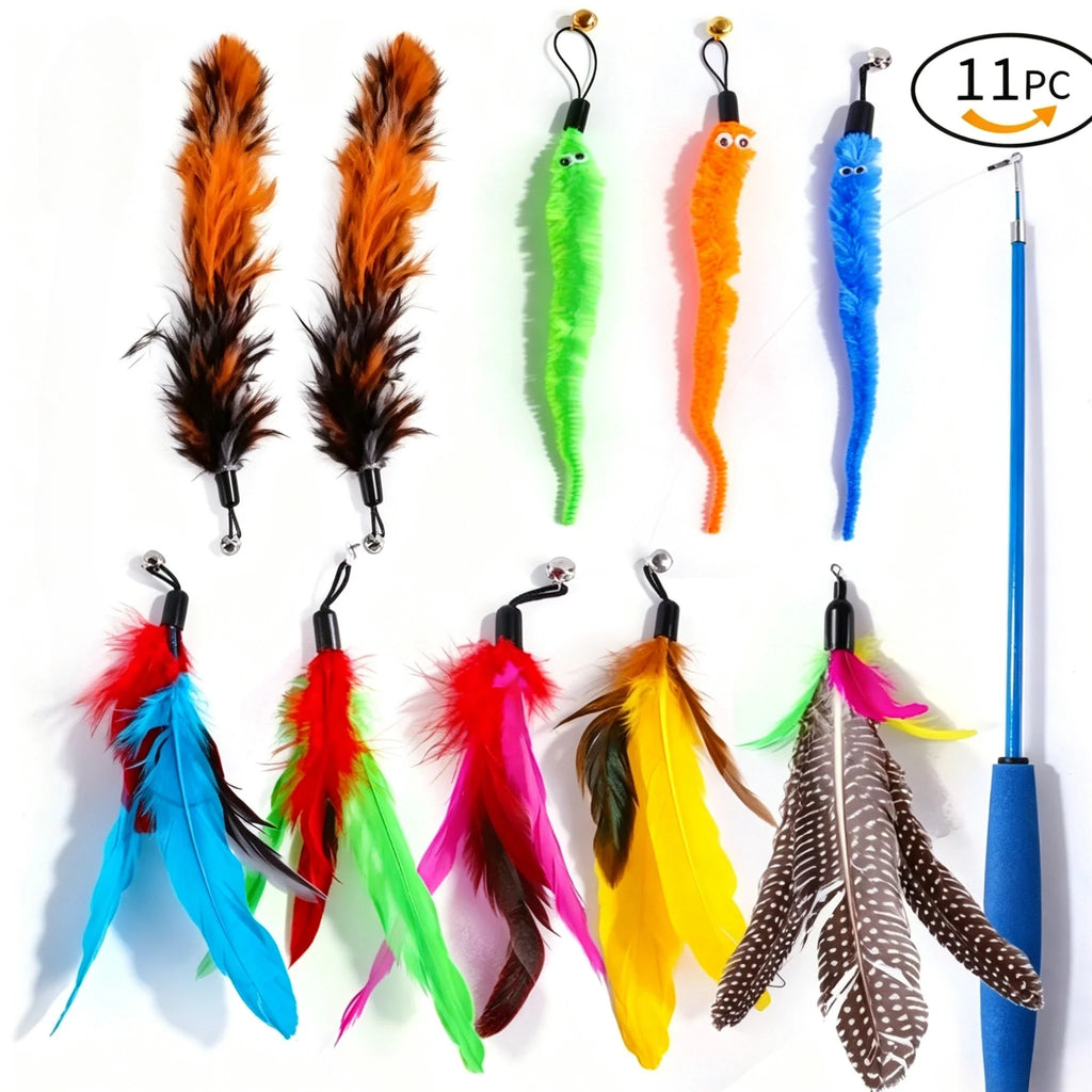 11-Piece Retractable Cat Feather Wand Toy Set – 10 Refills
