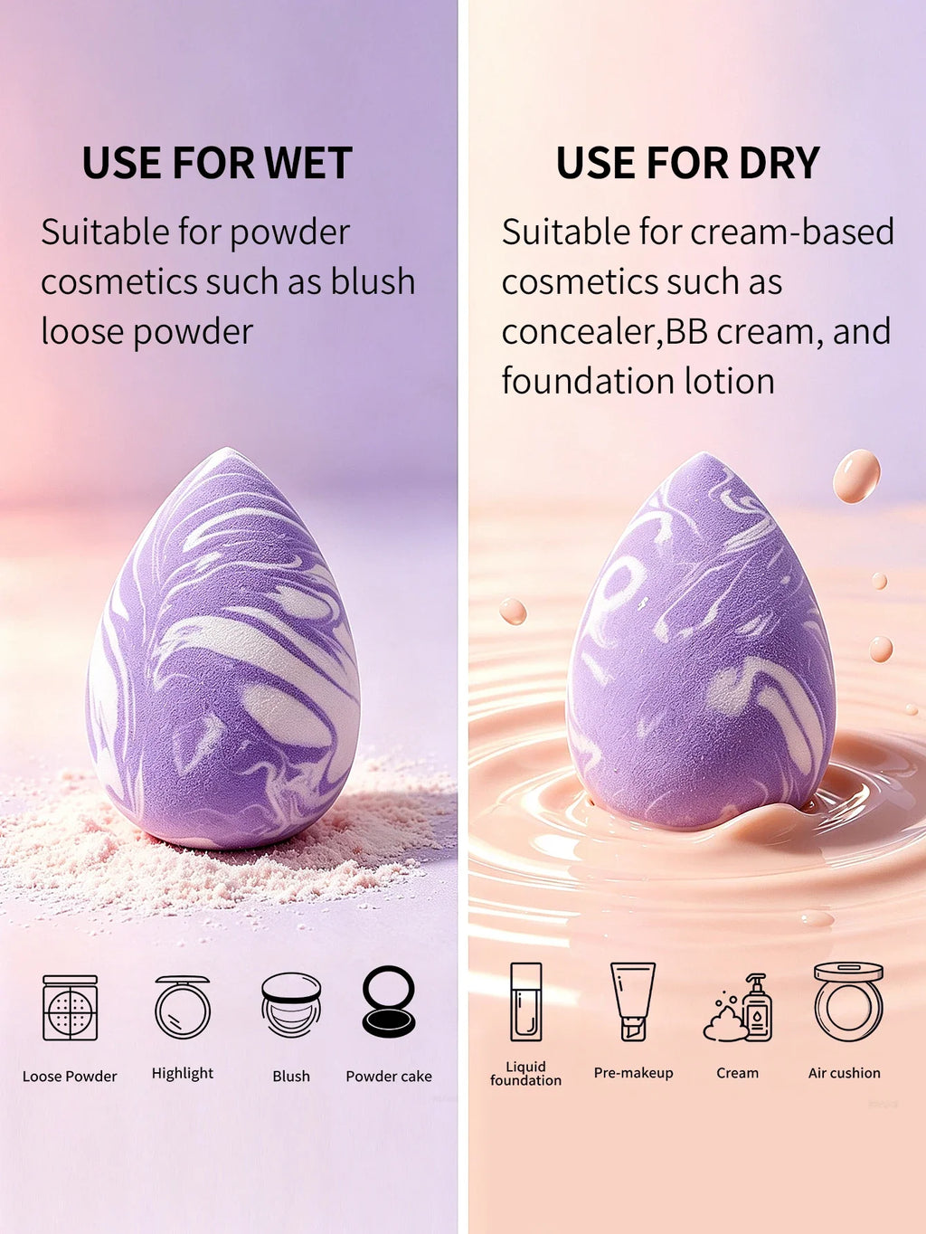 6-Piece Purple Marble Makeup Sponge Set – Latex-Free Blender