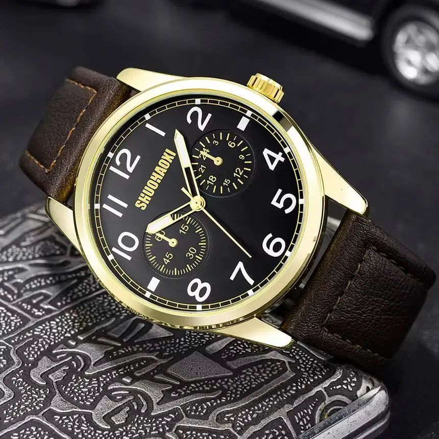 REBIRTH Retro Men's Quartz Watch – Black Leather Strap Large Dial