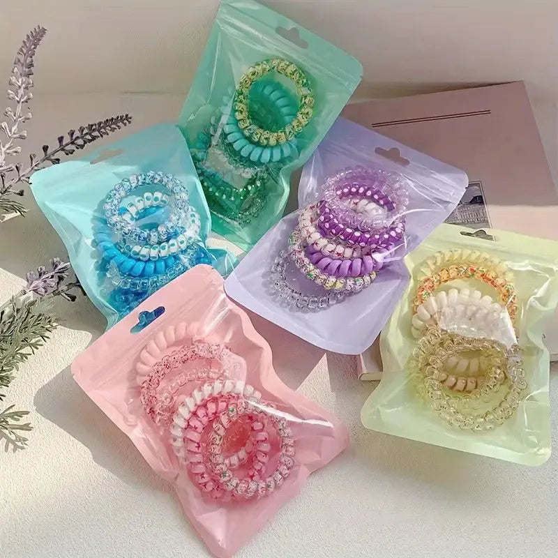 6-Pack Spiral Elastic Hair Ties – Colorful Telephone Wire Bands