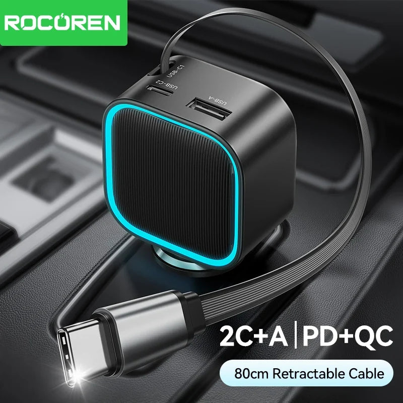 Rocoren 3-in-1 PD 30W Retractable Car Charger 2C+A Ports
