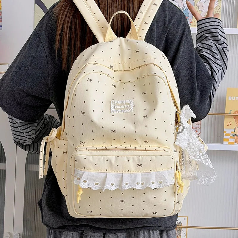 Korean Polka Dot Lace Canvas Backpack for Girls | School