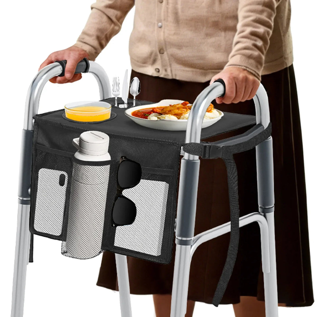 Folding Walker Tray with Cup Holder & Multi-Pocket Storage Bag