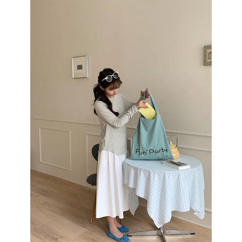 Korean Letter Print Canvas Tote Bag – Large Capacity Cream